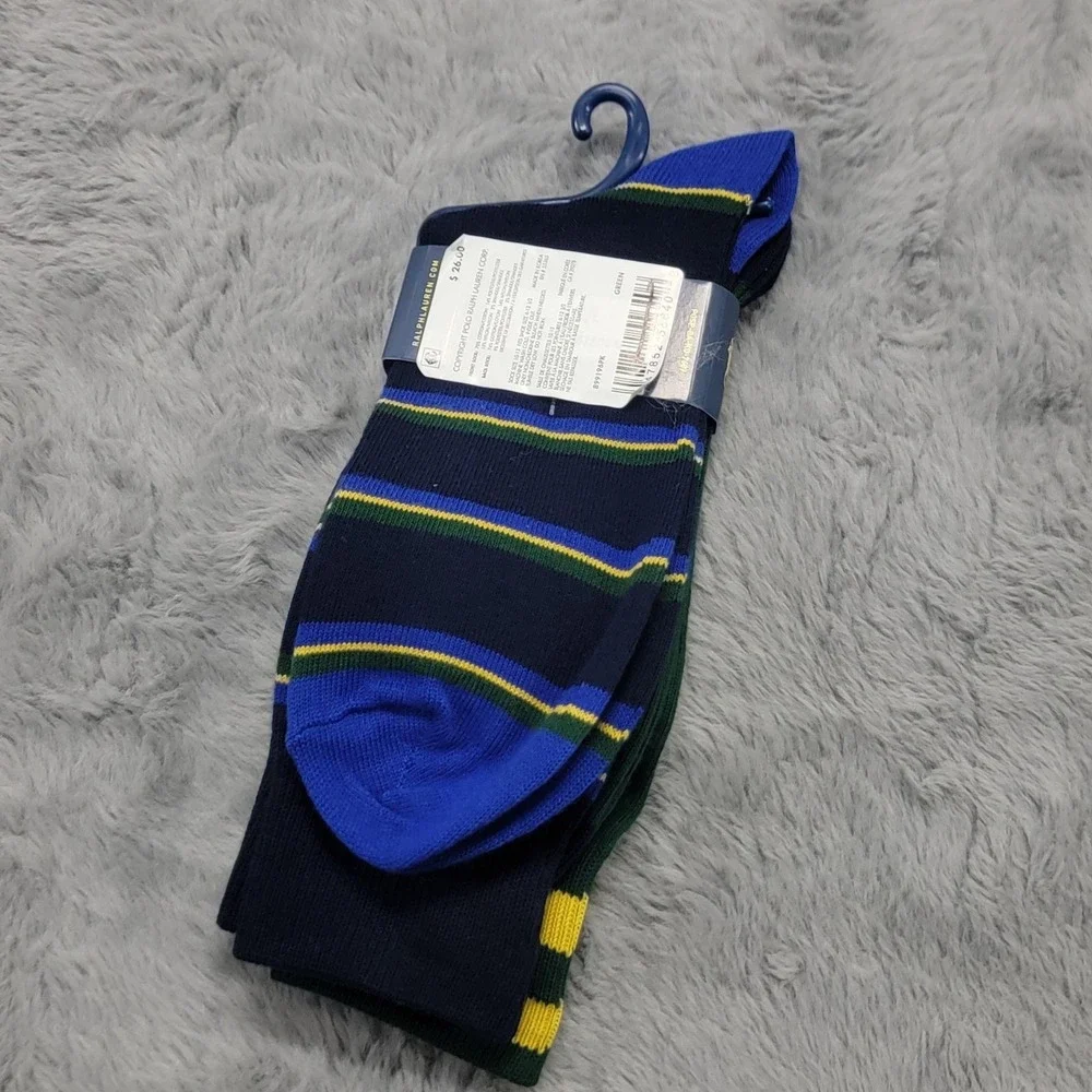 Polo Ralph Lauren Socks Mens 10-13 Green Navy Stripe Varsity Bear Crew 2 Pack